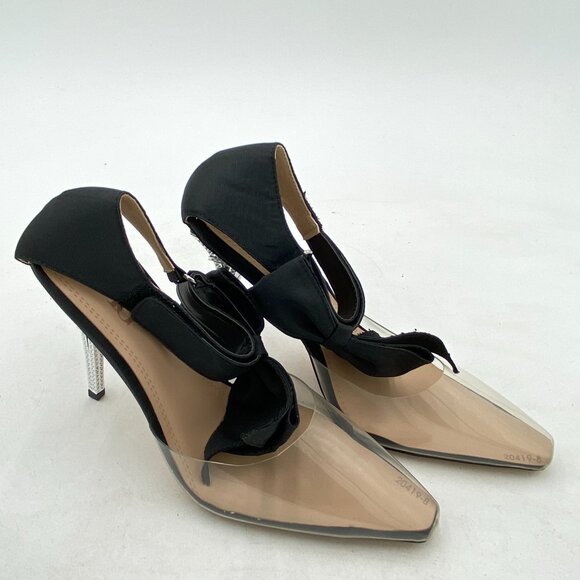 Black Women's Bow Clear Pointed Toe Ankle Strap Crystal Heel Wedding Pumps - Picture 3 of 6